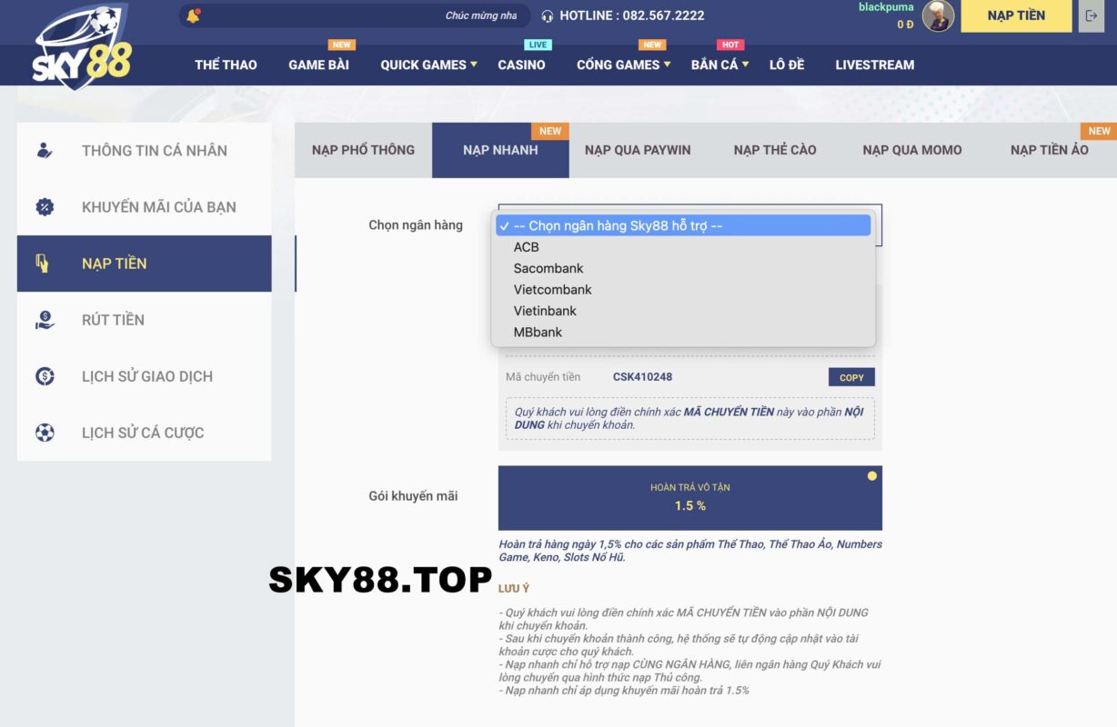 Nạp tiền từ ngân hàng vào Sky88